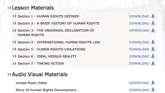 
    Alla Enade för mänskliga rättigheter undervisningsvideor, häften och annat material kan laddas ner från webbsajten, och är i linje med lektionerna; videorna kan visas omedelbart:
    